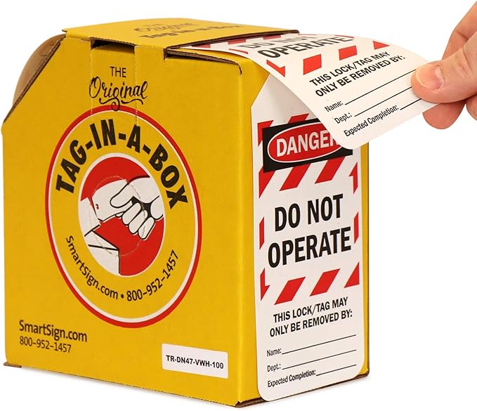 SmartSign Pack of 100 “Danger - Do Not Operate” 2-Sided Lock Out Safety Tags in Dispenser Box | 3" x 6.25" Plastic, Red White Stripes