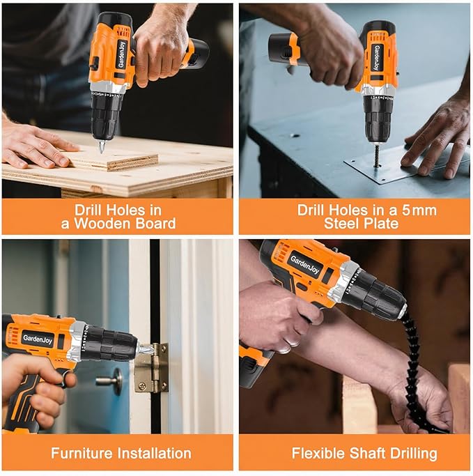 12V Orange Portable Drill Set, 2 Batteries + Fast Charger Included, 2-Speed Control, 3/8" Keyless Chuck, 24+1 Torque Settings, LED Work Light for DIY