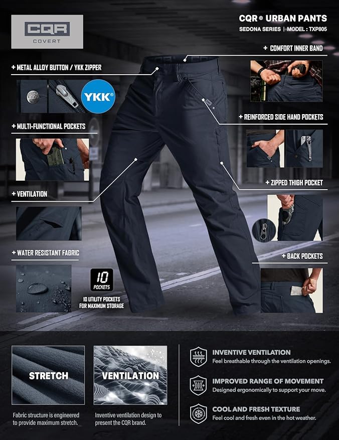 CQR Men's Vent Stretch Pants, Quick Dry Lightweight Casual Cargo Pants, Water Resistant Straight-Fit Utility Work Pants