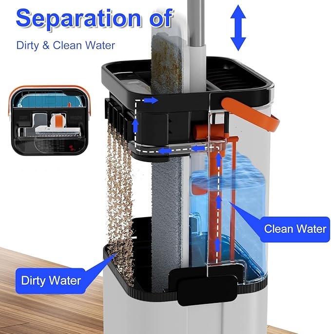 Mop and Bucket Set, Flat Mops and Bucket with Wringer Set System Automatic Separates Dirty and Clean Water, Wet and Dry Use Microfiber Mops for Wall Floor Cleaning (Mop Set with 4 Pads)