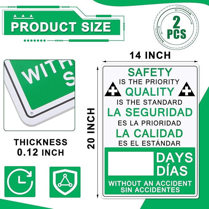 2 Pcs Plastic Days Without Accident Sign 20" x 14" Write a Day Sign Setting the Standard in Safety Quality Excellence Safety Is the Priority Quality Is Standard(Bilingual)