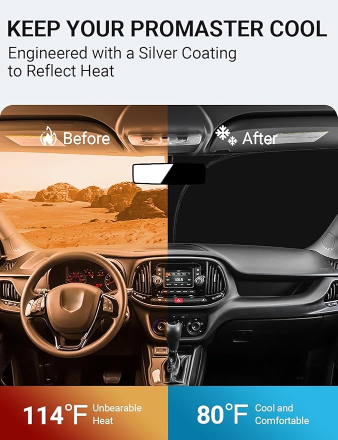 Proadsy 2025 Upgrade Windshield Sun Shade Custom Fit Dodge Ram Promaster 2014-2024 2025 4-Layer Foldable Front Sunshade Protector Sun Visor Blocks UV Rays Keep Car Cooler