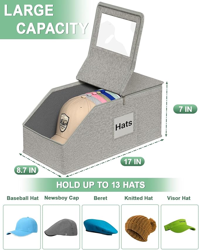 Stackable Hat Organzier for Baseball Caps, 2 PCS Hat Storage Holder Holds up to 24 Caps for Closet, Dust-Proof Hat Boxes Container with Clear Window for Home