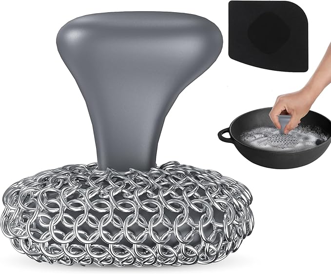 Cast Iron Scrubber, Cast Iron Cleaner with Pan Scraper, Chainmail Scrubber for Cleaning Dishes, Stock Pots, Pans, Griddles, Grills - Dish Scouring Pad Dishwasher Safe Cleaning Kit, Black