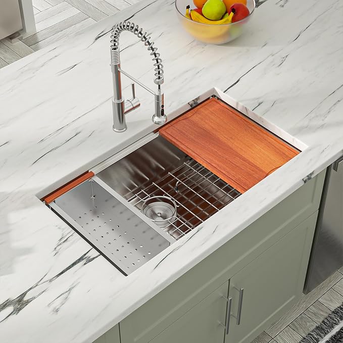 Dcolora 32 Inch Kitchen Sink Undermount Workstation Handmade-Welding 16 Gauge Stainless Steel Large Single Bowl Sinks, Round Corner 32"x19"x10", DC-U7744