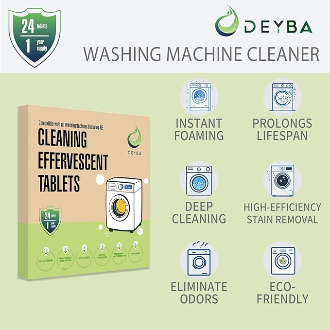 DEYBA Washing Machine Cleaner Tablets – Instant Foaming, Fast Dissolve, Eco-Friendly Odor Removal, Deep Cleaning for HE Front & Top Load, 24 Tablets