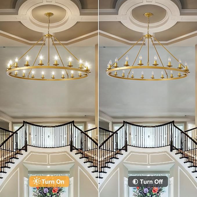 Wagon Wheel Chandelier, 20-Light Gold Modern Rustic Large Farmhouse Chandelier Adjustable Height Light for Ceiling Living Room, Entryways, Foyer,Dining Room, Kitchen