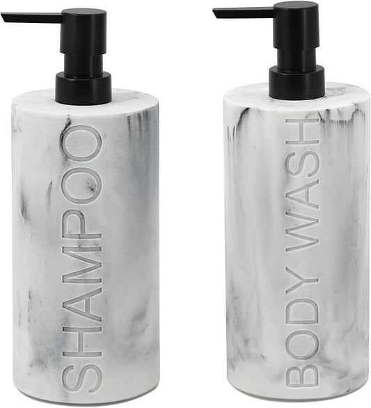 Marble Resin 2 Piece Shampoo and Body Wash Dispenser Set, Luxurious Refillable Pump Bottles with Matte Pump Top and Embossed Text, Durable Design for Bathroom and Shower