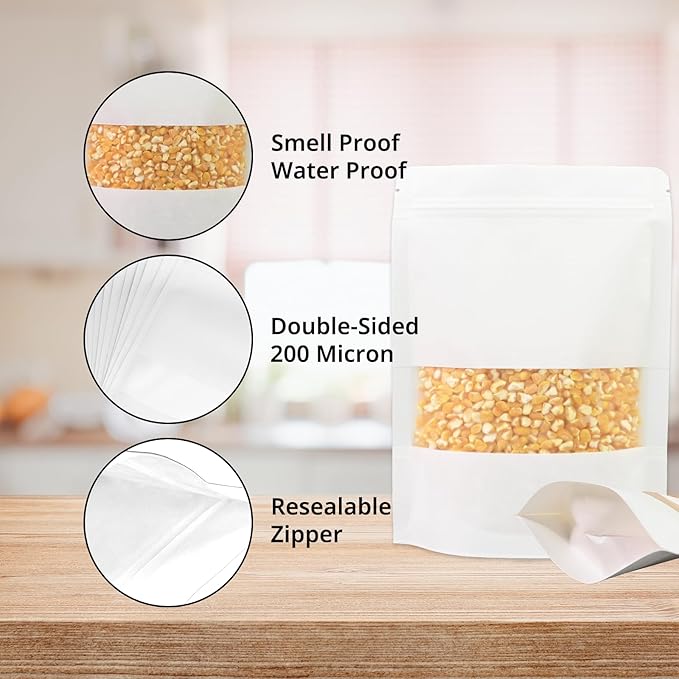 50Pcs 8"X12" White Kraft Paper Bags with Window,Reusable Zip Lock Stand Up Pouches for Food Storage，Resealable Packaging Bags for Small Business,Coffee,Candy,Cookie,Snacks,Tea