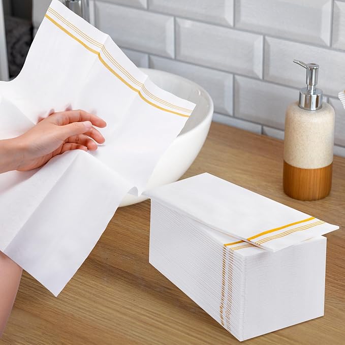 100 Disposable Paper Hand Towels for Bathroom, Linen Feel Guest Towels, Soft and Absorbent Paper Towels Napkins Bulk for Dinner Parties Kitchen Wedding Graduation, 12" x 17"(Gold Trim Lined)