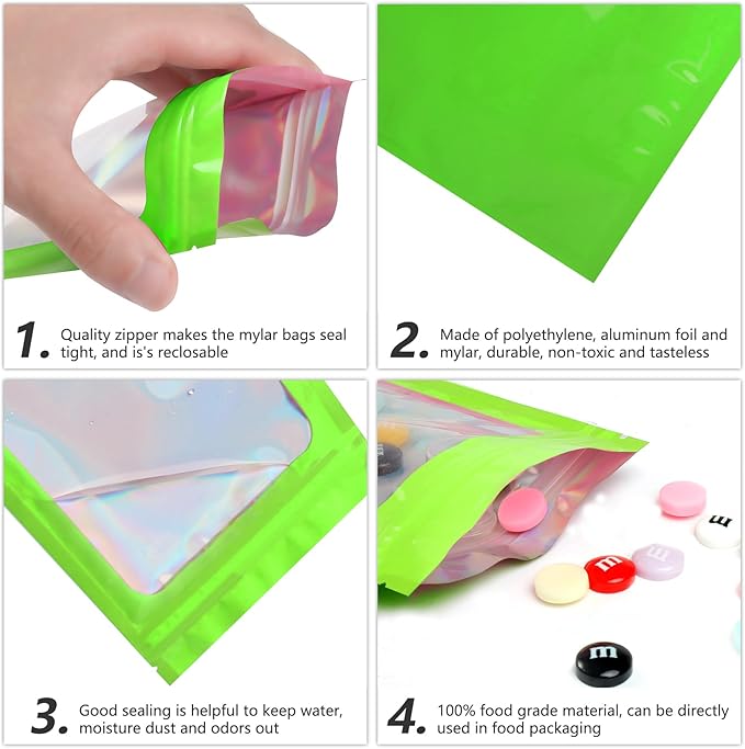 Funfery 100 pcs Green Smell Proof Mylar Holographic Bags Packaging Bags,Clear Resealable Odor Proof Bag Foil Pouch Bag for Food Storage,Lipgloss,Jewelry,Eyelash Packaging for Small Business(4x6In)