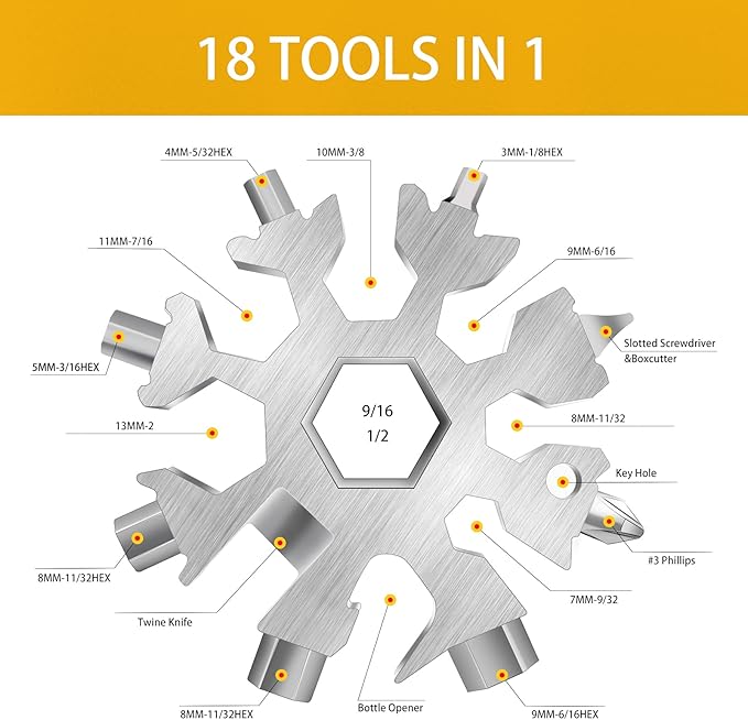 Snowflake Multitool, 1 Pieces 18-in-1 Stainless Steel Snowflake Standard Multitool, Snowflake Tool with Key Ring, Carabiner Clip and Gift Bag (Silver)