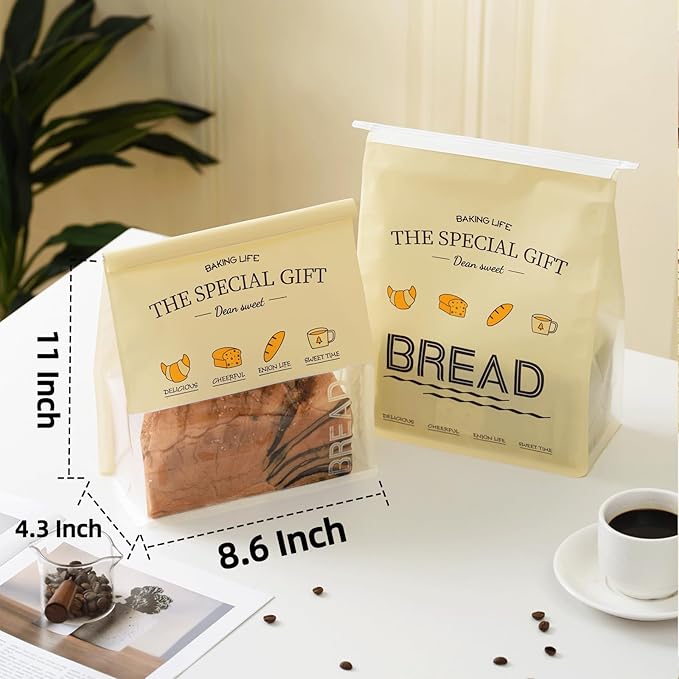 50 Pcs 8.6 Inch Bread Bags with Tin Tie, Bread Pattern Large Loaf Bags Made Of Milky yellow Paper, Storage Packing Bag with Clear Window for Bakery, Cafe, Homemade Bread