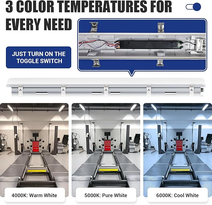 4FT LED Vapor Tight Light 60W/50W/40W,4000K/5000K/6000K CCT Selectable 7800lm (150W Eq.) IP65 Waterproof Outdoor Shop Light LED Vapor Proof Fixture for Car Wash, Parking Lot, Garage 1-Pack