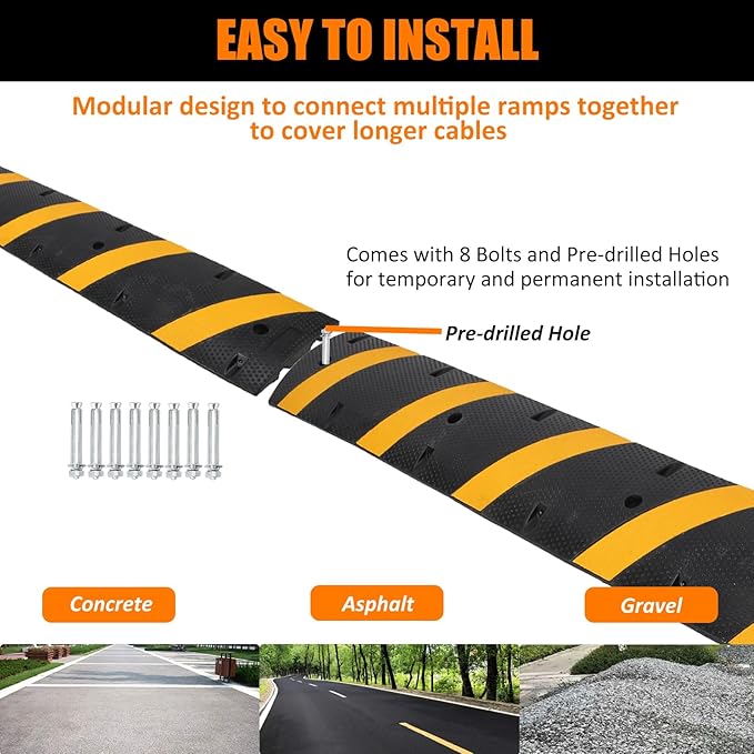 6 Ft Rubber Speed Bumps 2 Pack, Heavy Duty Speed Bumps for Driveway Rubber Gravel Road Asphalt Parking, Modular Driveway Speed Bumps Cable Protector Ramp with 8 Bolts Spikes