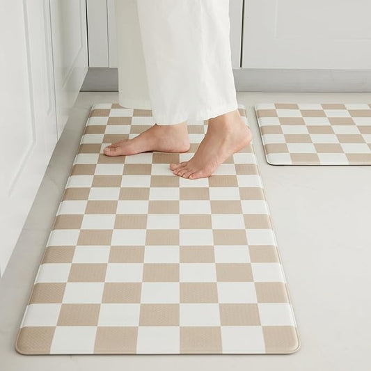 Beige Khaki Checkered Kitchen Mats for Floor Set of 2, 2 Pcs Cushioned Non Slip Runner Rugs for Kitchen/Sink/Laundry, Comfort Aesthetic Cute Anti-Fatigue Foam Floor Mat 17.3"x29.5"+17.3"x47.2"