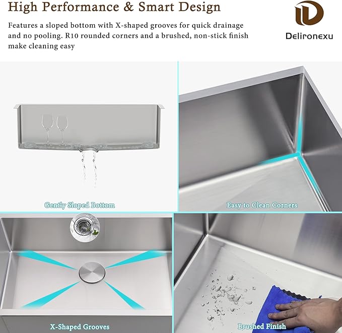 32-Inch Undermount Kitchen Sink - Delironexu 16 Gauge Stainless Steel Kitchen Sink undermount, 32''x19'' Undermount sink Single Bowl with Brushed Finish and 4 Accessories, Modern Design