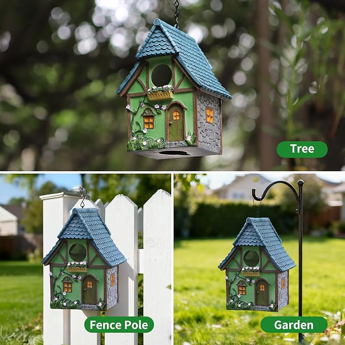 Cottage Garden Birdhouse – Green Resin Outdoor Decorative Bird House with Flower and Stone Details, Weatherproof for Backyard or Porch