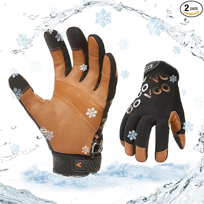 Vgo... 2-Pairs -4℉ or above 3M Thinsulate C100 Winter Warm Waterproof Light Duty Mechanic Glove, High Dexterity, Anti-abrasion, Rigger Glove (Size S, Black&Brown, GA9603FW)