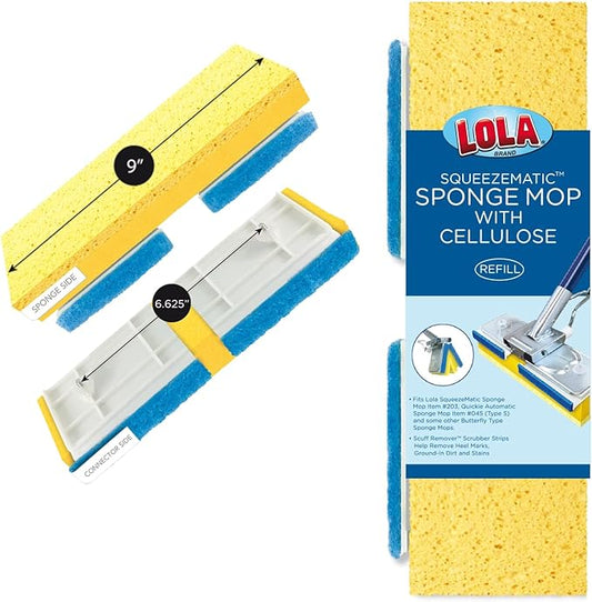 LOLA Cellulose SqueezeMatic Butterfly Sponge Mop Refill, 9", Replacement Head, Floor Cleaning, Comparable w/Quickie Type S Sponge Mop Refill