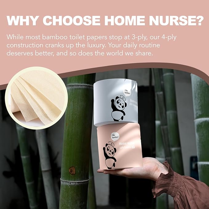 Home Nurse - Bamboo Toilet Paper, 4-ply 48 Rolls | Strong & Soft, Organic Natural Plant Based, Unbleached & Non Toxic, Tree Free Eco Friendly, Chemical Free, No Dust