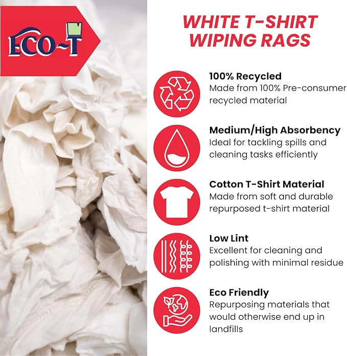 25Lb Box Eco-T Paint Rags - White T-Shirt Material, 100% Recycled, Eco-Friendly, High Absorbency, Low Lint, Low-Cost, Painting and Cleaning Cloth