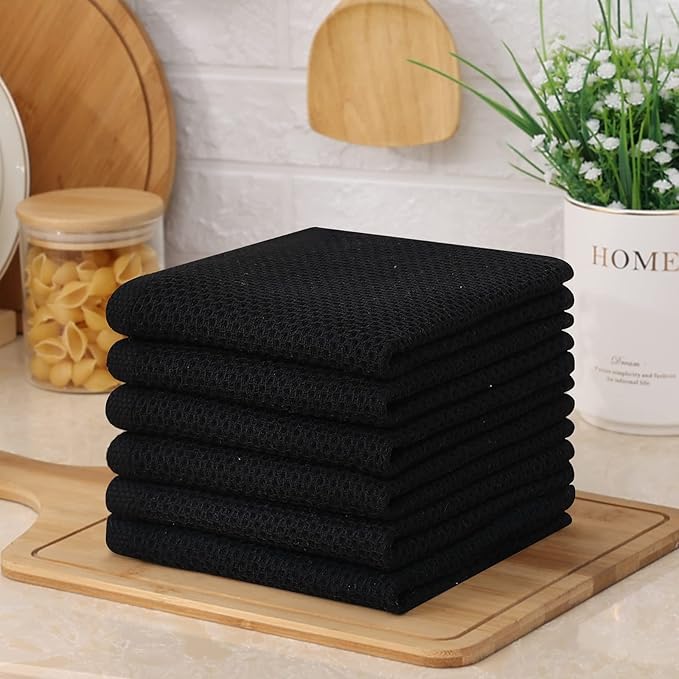 Kitinjoy 100% Cotton Kitchen Dish Cloths, 6 Pack Waffle Weave Dish Towels Ultra Soft Absorbent Quick Drying Dish Rags, 12 X 12 Inches, Black