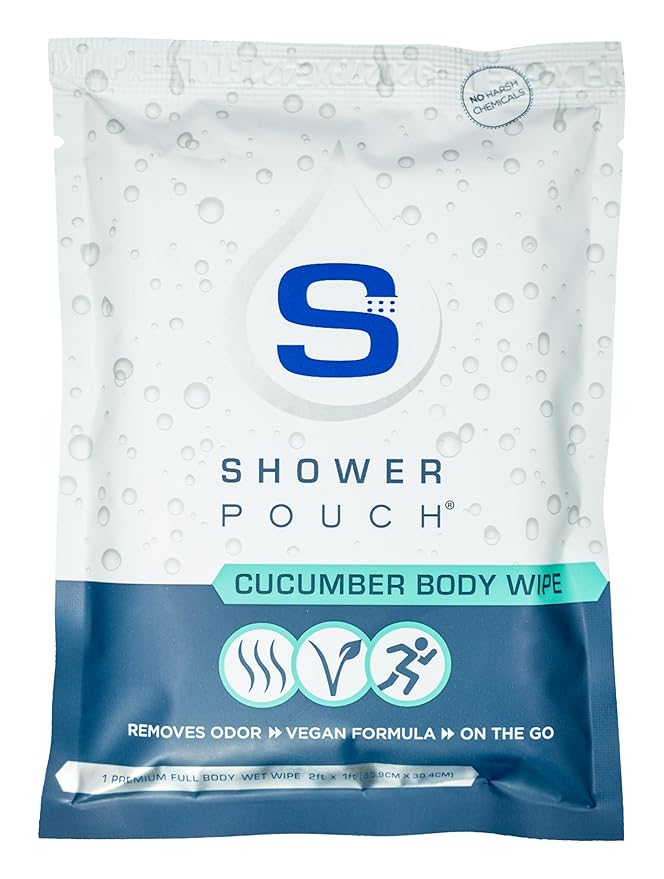 Shower Pouch XL (2' x 1') Bathing Body Wipes for Adults – Aloe-Infused Heatable & Reusable Bath Wipes for Camping, Travel, Outdoor – (10 Pack) Cucumber Scent