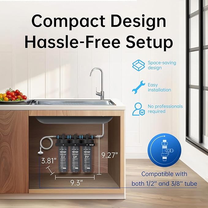 Under Sink Water Filter System,NSF Certificated,3-Stage Filtration,Water Purifier for Kitchen,Reduces PFAS,PFOA/PFOS,Fluoride,Chlorine,Bad Taste & Odo,Drinking Water Filter, Black,F02 3 Filters.