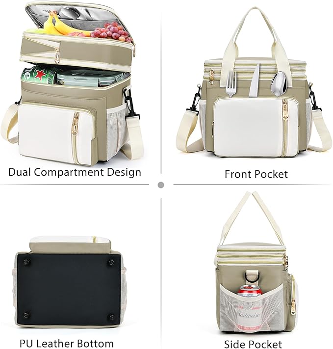 LOKASS Expandable Lunch Box for Women | Adult Lunchbag Cooler Tote Bag with Adjustable Shoulder Strap | Insulated Reusable Womens Lunch Bags for Work Camping Beach | 16L, Beige