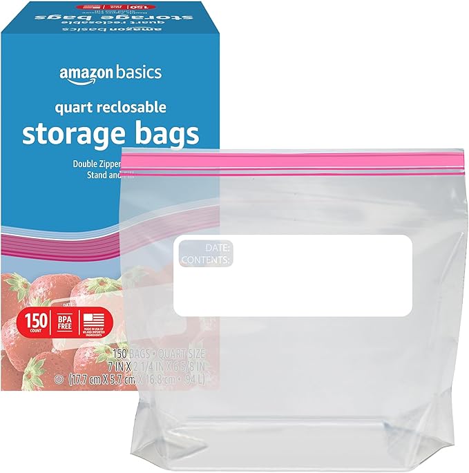 Amazon Basics Reclosable Quart Food Storage Bags, BPA Free, 150 Count