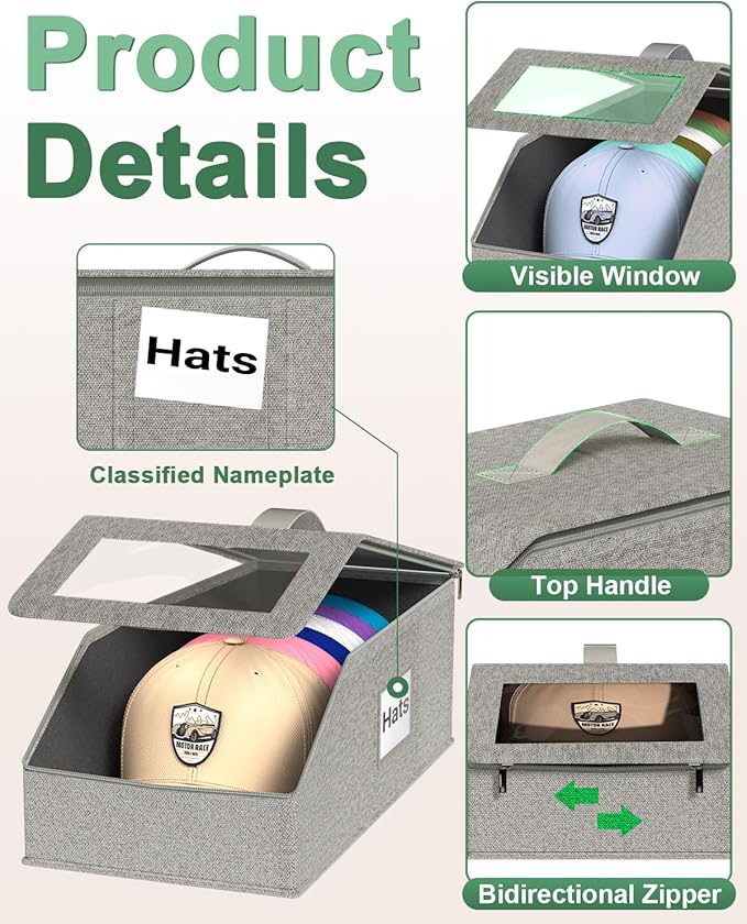 Stackable Hat Organzier for Baseball Caps, 2 PCS Hat Storage Holder Holds up to 24 Caps for Closet, Dust-Proof Hat Boxes Container with Clear Window for Home
