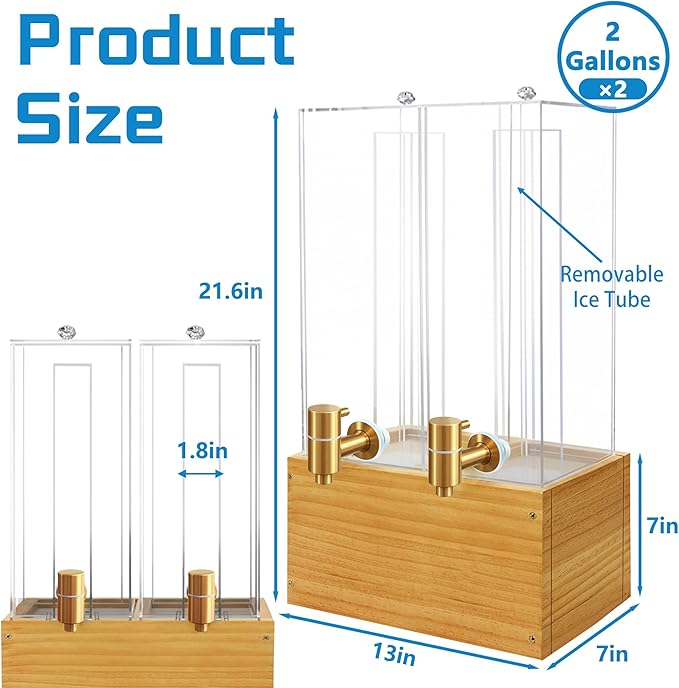 Beverage Dispenser with Stand 2 Gallon, 2 Pack Drink Dispenser with Ice Core, Beverage Containers with Wood Stand for Juice/Tea/Soda/Water, Drink Dispensers for Parties