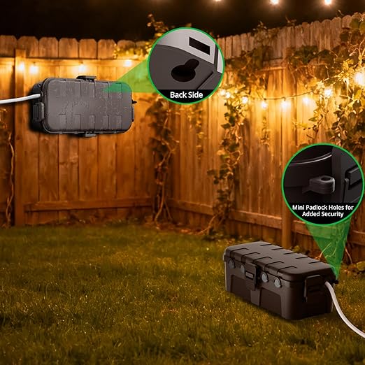 QUOBAS Outdoor Waterproof Electrical Box with 6 Cable Ports, IP54 Weatherproof Heavy-Duty Extension Cord Cover for Power Strips, Garden Power Tools, Holiday Lights, Brown