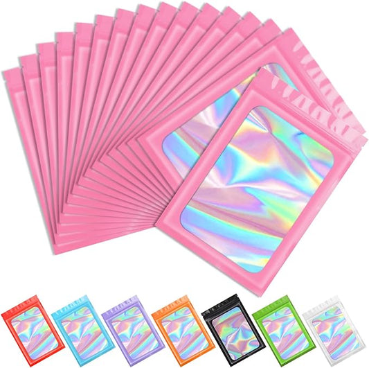 Funfery 100 pcs Pink Smell Proof Mylar Holographic Bags Packaging Bags,Clear Resealable Odor Proof Bag Foil Pouch Bag for Food Storage,Lipgloss,Jewelry,Eyelash Packing for Small Business(3.9x7.1Inch)