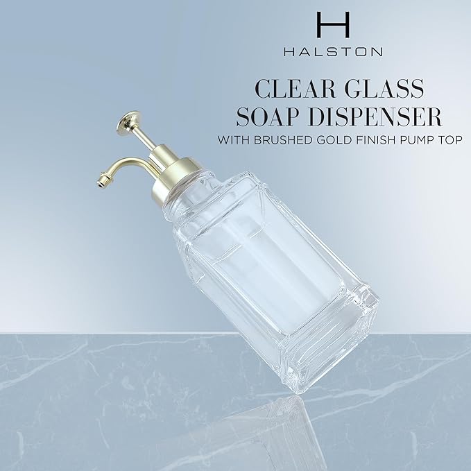 Clear Glass Soap Dispenser with Brushed Gold Finish Pump, Modern Refillable Pump for Bathroom, Kitchen, or Office, Elegant Accent Piece for Interior Decoration