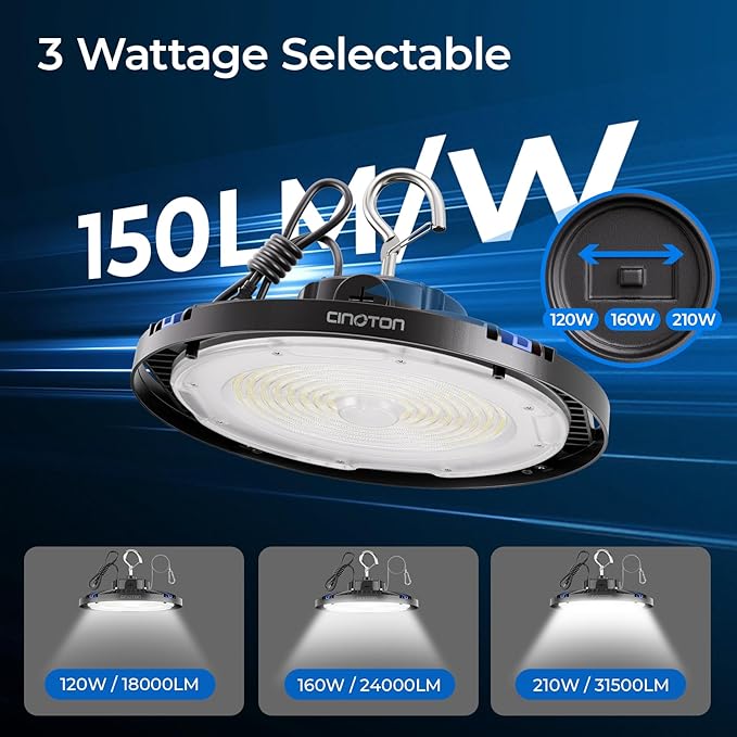 CINOTON 210W Switchable UFO LED High Bay Light, Aluminum LED Shop Lights with 31500LM, 5000K Commercial Bay Lighting for Warehouse Garage Workshop, 6' Cable & Safety Rope, ETL Listed 4 Pack