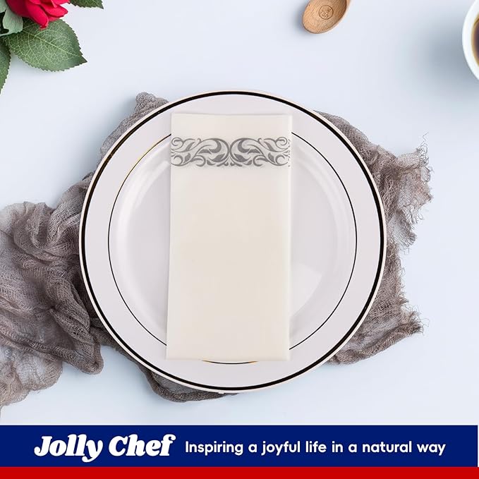JOLLY CHEF 100 Disposable Hand Towels, Soft and Absorbent Linen Feel Dinner Napkin, Elegant Decorative Paper Guest Towels for Kitchen, Bathroom, Weddings, Parties, Silver and White