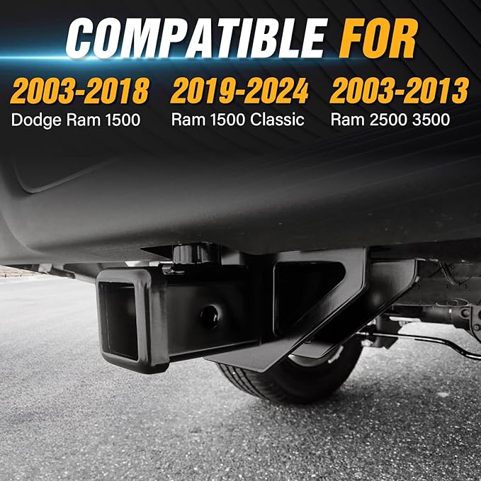 for Ram Tow Hitch Trailer Kit, Class 3 III Rear Bumper Towing Receiver Compatible with 2003-2018 Dodge Ram 1500 & 2019-2024 Ram 1500 Classic & 2003-2013 Ram 2500 3500 Tow Combo with Cover