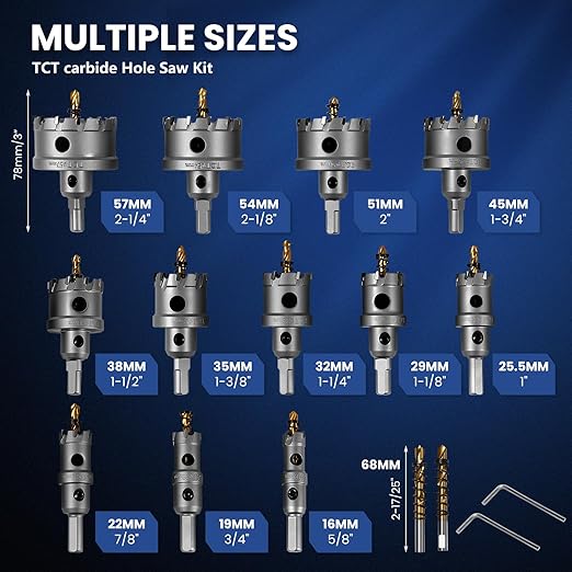 16pc Carbide Hole Saw Kit, Hole Drill Bit Set for Metal/Wood/Steel/Iron/Plastic, with 2*Detachable Pilot Drill Bits and 2*L-Wrench