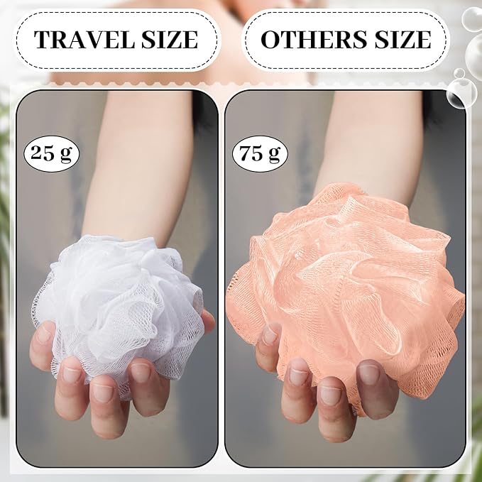 12 Pcs Travel Size Loofah Individually Wrapped, Small Shower Puff Bath Sponge Pouf Ball Bulk Mesh Bath Puff Mini Loofah Sponge with Case Bulk for Shower Care (25g,Morandi Color)
