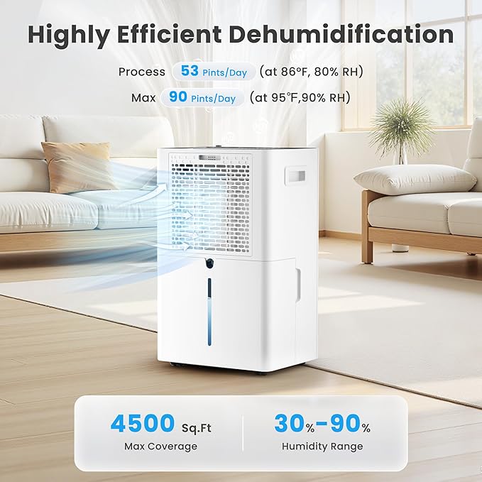 Candy 4500 Sq.Ft Dehumidifier for Basement,Max 80 Pints Dehumidifiers for Home,Cont/Sleep/Auto Mode,1.35 Gal Water Tank with Drain Hose,Portable & Wifi for Large Room,Bedroom,Bathroom,Garage,Laundry