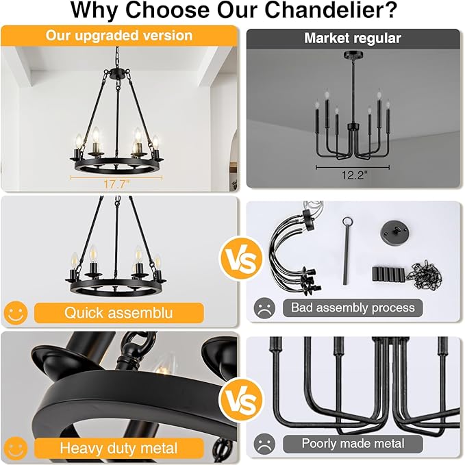 Wagon Wheel Chandelier, 6-Light Black Modern Rustic Farmhouse Chandelier Adjustable Height Pendant Kitchen Light for Ceiling Hanging Dining Room, Living Room, Entryways, Foyer