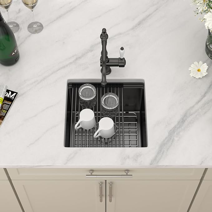 Dcolora 17 Inch Black Kitchen Sink Undermount Wet Bar Sink Workstation Spuare16 Gauge Stainless Steel Small Prep Sinks Single Bowl 17’x17", DC-U1112