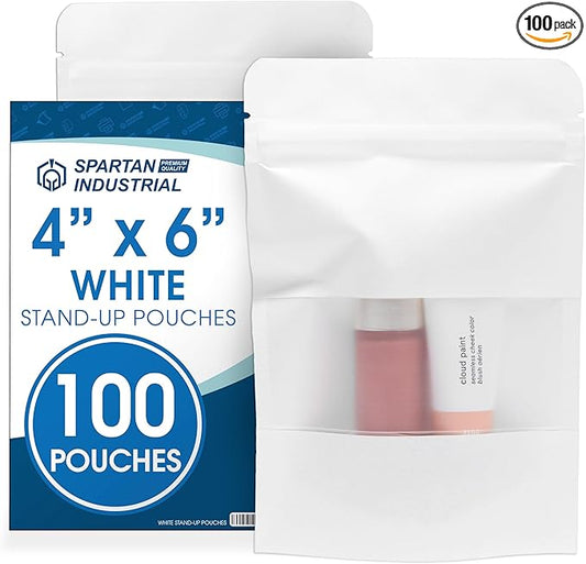 Spartan Industrial - 4" X 6" White Resealable Stand-Up Pouches - Pack of 100 Small Smell-Proof Food Pouch Bags for Packaging, Pet Treats, Cosmetics, and More