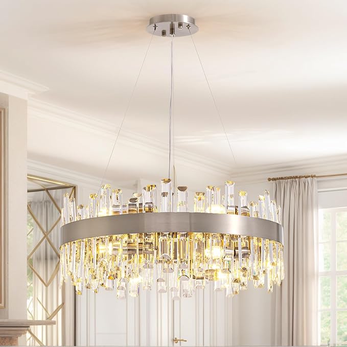 Siljoy Modern Crystal Chandelier for Dining Room, 12 Lights Luxury 2-Tiers K9 Crystal Chandelier Raindrop Pendant Ceiling Light for Living Room Kitchen Island Entry Foyer D23.6'', Brushed Nickel