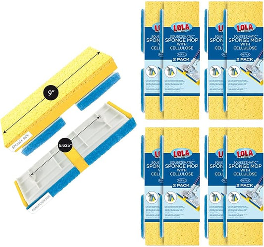 LOLA Cellulose SqueezeMatic Butterfly Sponge Mop Refill, 9", 4 Pack, Floor Cleaning, Comparable w/Quickie Type S Sponge Mop Refill