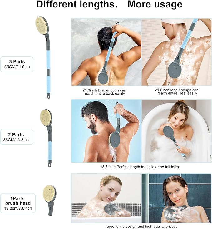 Back Scrubber Anti Slip for Shower, 21.7” Detachable Back Bath Brush for Shower, Back Scrubber, Exfoliation and Improved Skin Health for Elderly with Limited Arm Movement, Disabled (21.7” Grey)