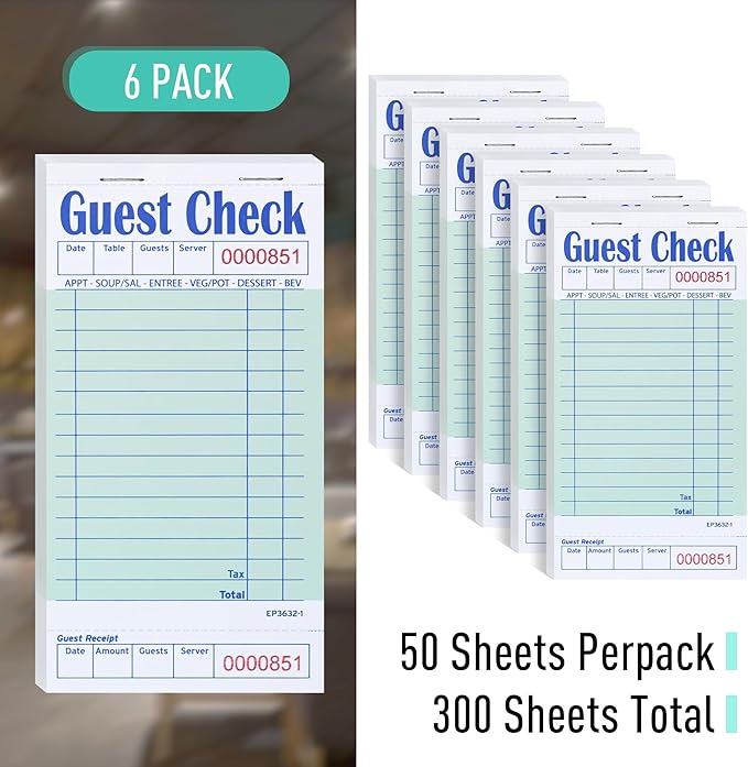 DGBDPACK 6 Guest Checks for Servers, Server Note Pads, Waiter Checkbook, Waitress Notepad for Restaurants, 50 Sheets/Pack, 300 Total Tickets,Thin Paper Checks