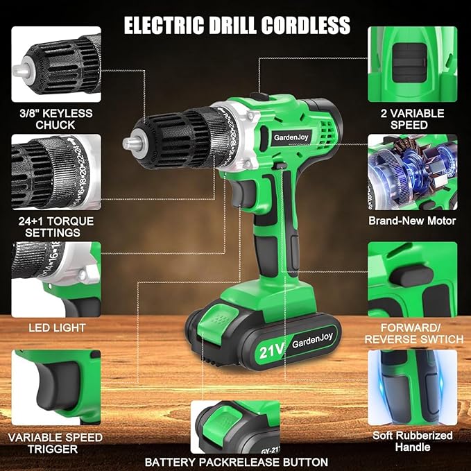 GardenJoy 20v Cordless Drill Set, Power Electric Kit 2 Batteries With Charger 30Nm 2-Speed 3/8" Keyless Chuck 24+1 Torque Drill Driver screwdriver Bits with LED Electric Work Light for DIY